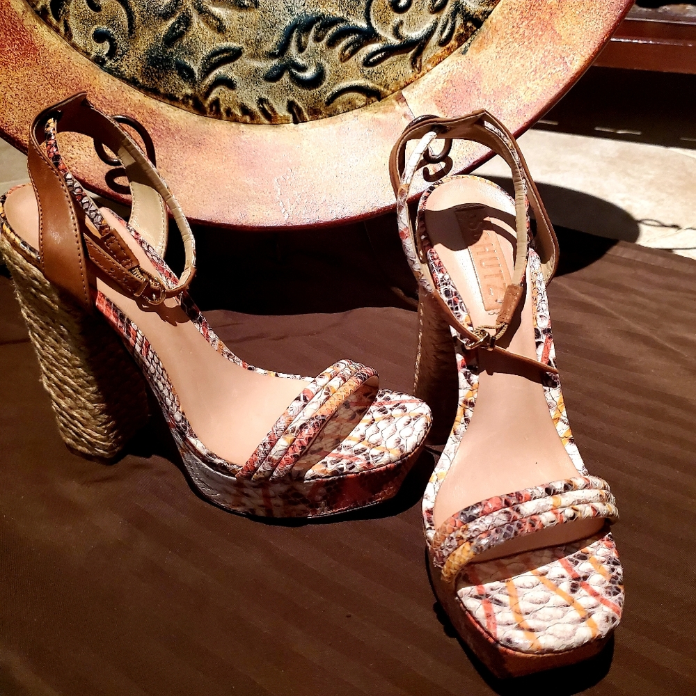 Schutz platform multicolored snakeskin sandals